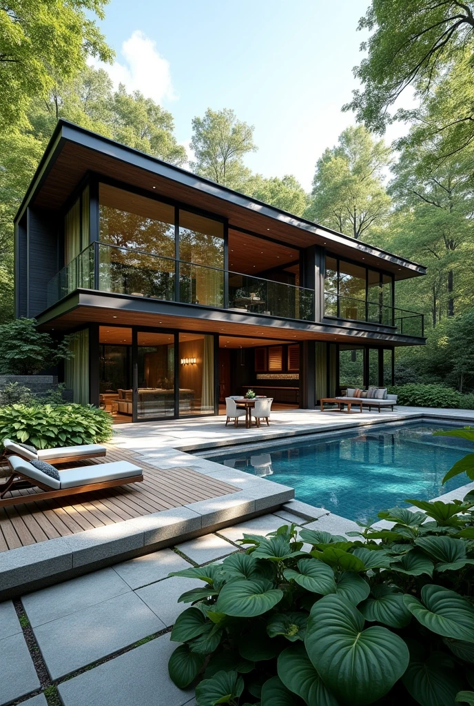 A house with a swimming pool and outdoor showers, a changing room and a sauna