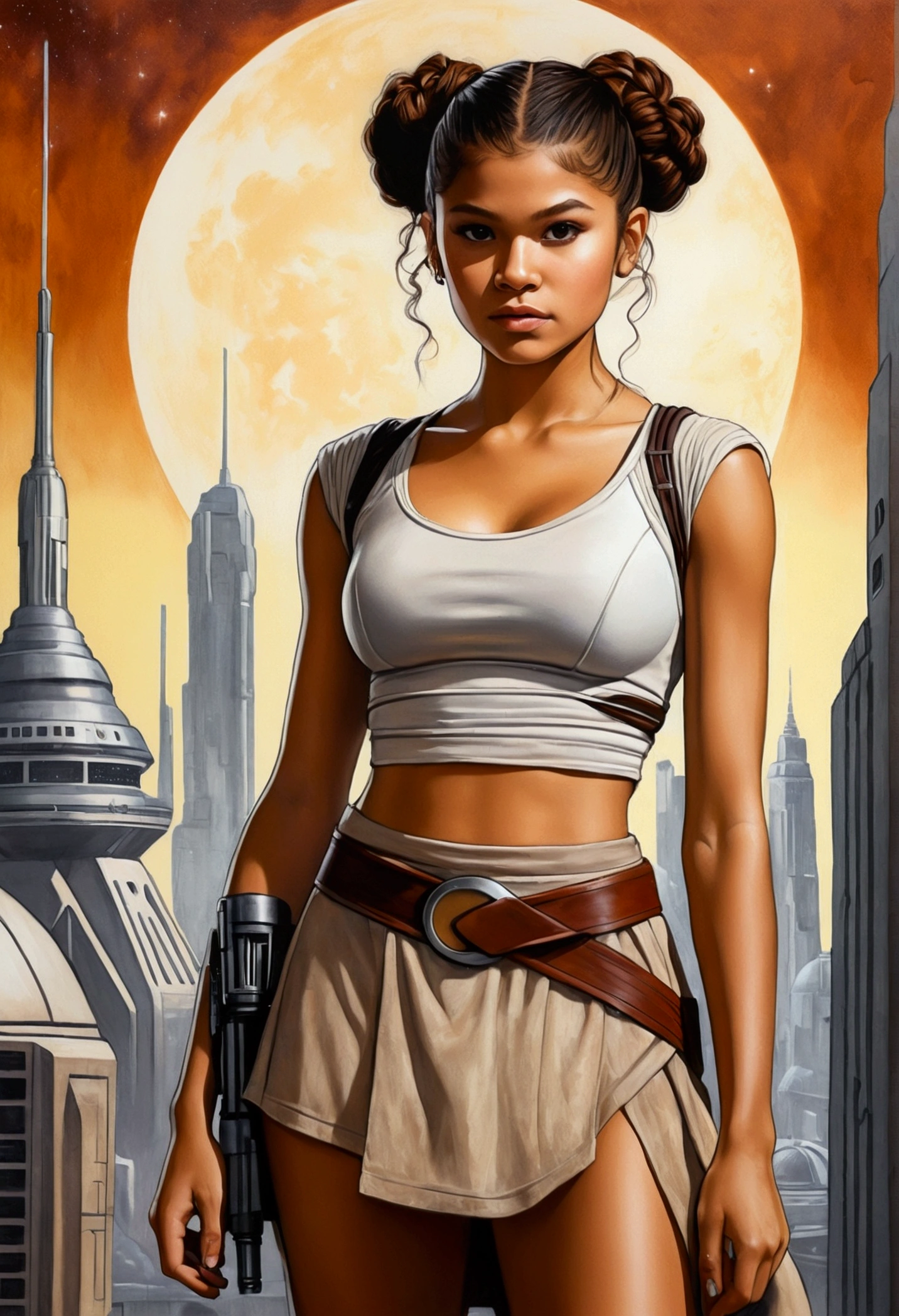 An illustrated movie poster, hand-drawn, full color, a teenage Jedi, 18-years-old, female, wearing a crop top and leggings, athletic hourglass figure, busty bosoms, full wide hips, massive round butt, long shapely legs, ridiculously thick powerful thighs, hazel eyes, dark hair, kinky curly bob cut, warm brown complexion, resembles Alexandra Shipp, standing above Coruscant, graphite shading, stencil marks, airbrushed acrylic paint, masterpiece, in the style of Drew Struzan 