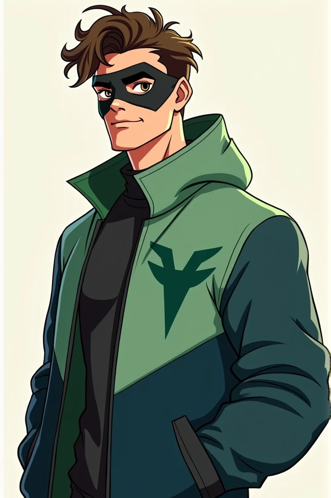 A male cartoon character with curly hair brown eyes a black mask a dark green pastel green navy blue and black jacket with a minimalist green eagle drawing