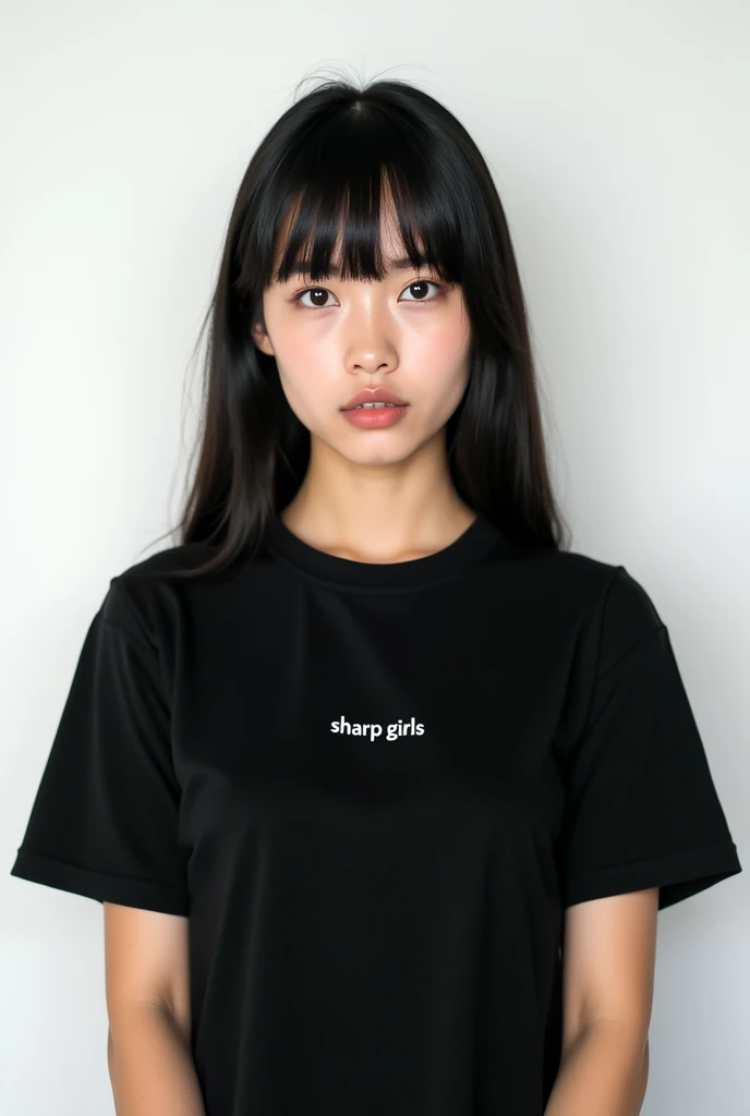 with straight hair parted in the middle, Bblack hair, dark brown eyes black sleeve t-shirt, and the name SHARP GIRLS small on the shirt in the front, white background, cell type