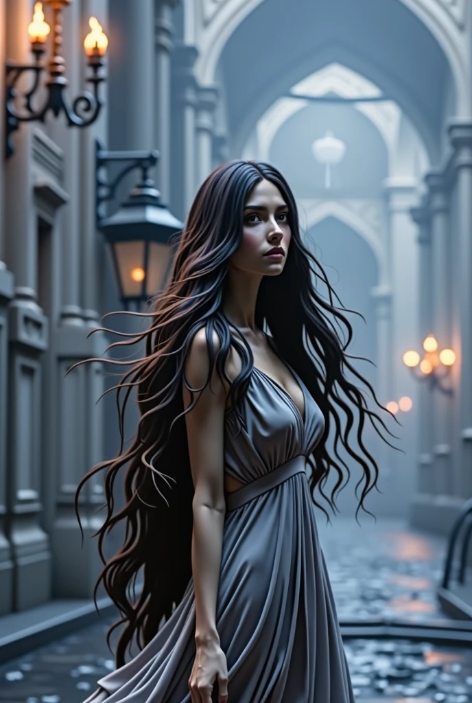 a beautiful woman with long flowing hair, detailed facial features, intricate hair strands, volumetric hair, shiny hair, hair blowing in the wind, elegant hairstyle, cinematic lighting, detailed skin, natural skin texture, warm color tones, detailed dress, flowing dress, romantic setting, detailed background, photorealistic