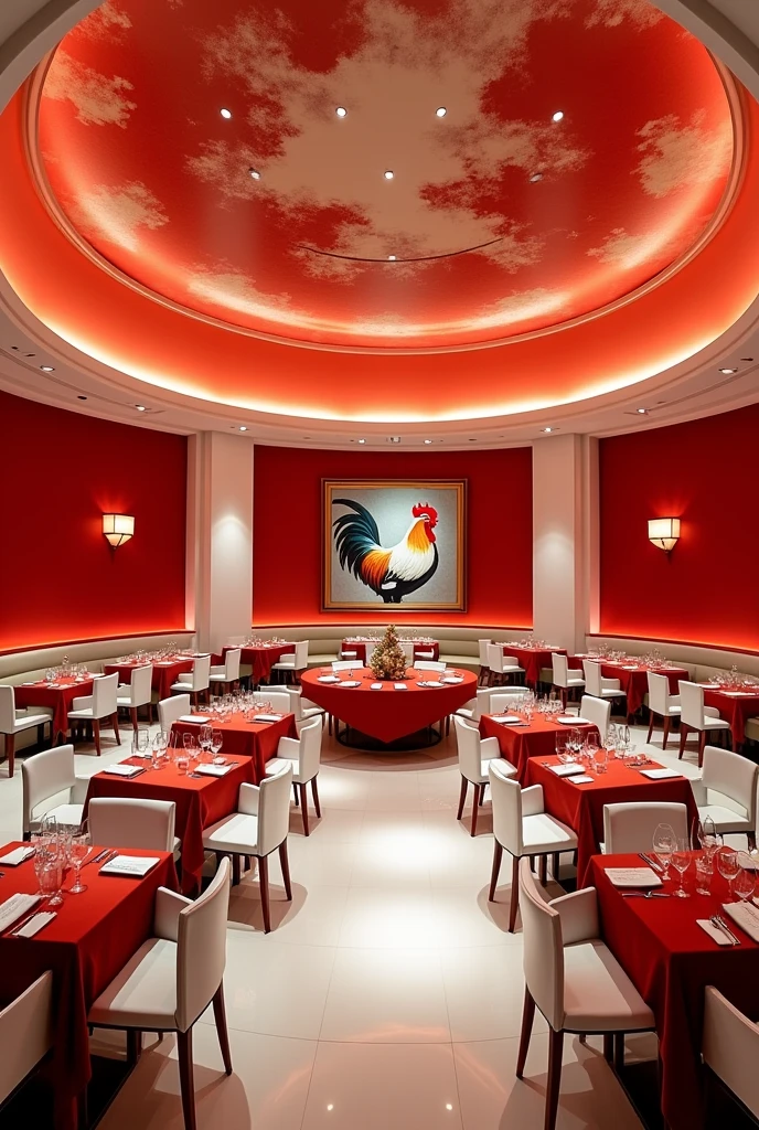 A huge circle salon for a restorant, Walls panited white and red and Has a Chicken picture, red and white abstract ceiling with d/f spot lights, redish Brown light from the spot light,Red color tableas with white chares scaterd ,Menu on every table,