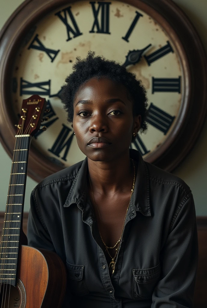 black woman with a sad expression with a large old broken clock and a guitar in the background