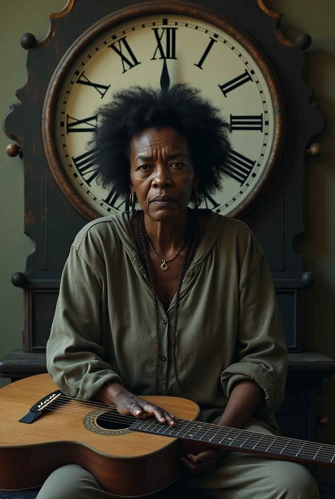 black woman with a sad expression with a large old broken clock and a guitar in the background