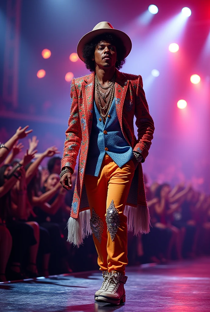 Bruno Mars singing live in flashy clothes