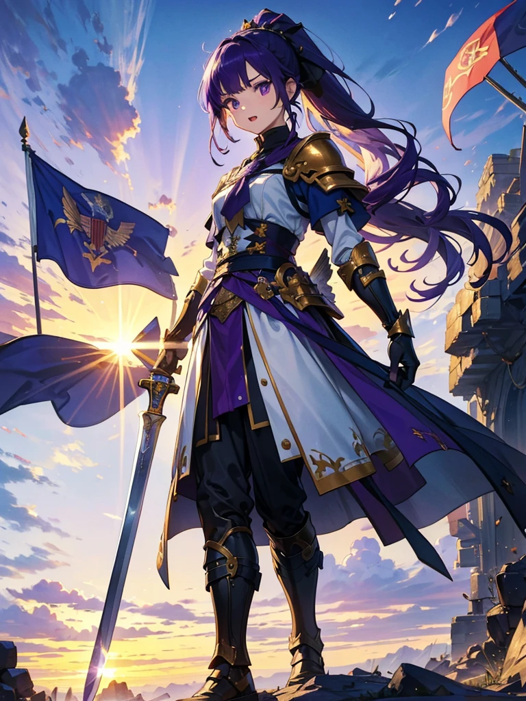 Dressed as a man、masterpiece,Highest quality,One person,Costume 1,,sunrise,dawn,holding flag,Open your mouth,sword,Purple Hair,Purple Eyes,ponytail、armorを着た、White Theme,armor,Portraiture,crowd,Swarm,flag,waving flag