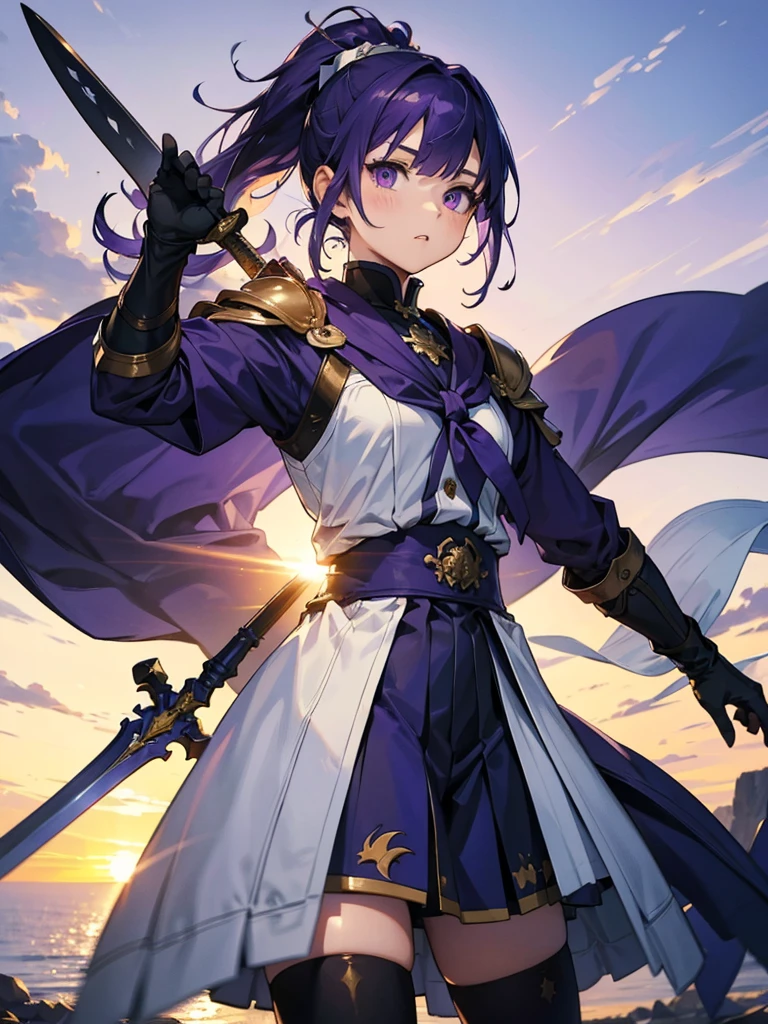 Dressed as a man、masterpiece,Highest quality,One person,Costume 1,,sunrise,dawn,holding flag,Open your mouth,sword,Purple Hair,Purple Eyes,ponytail、armorを着た、White Theme,armor,Portraiture,crowd,Swarm,flag,waving flag