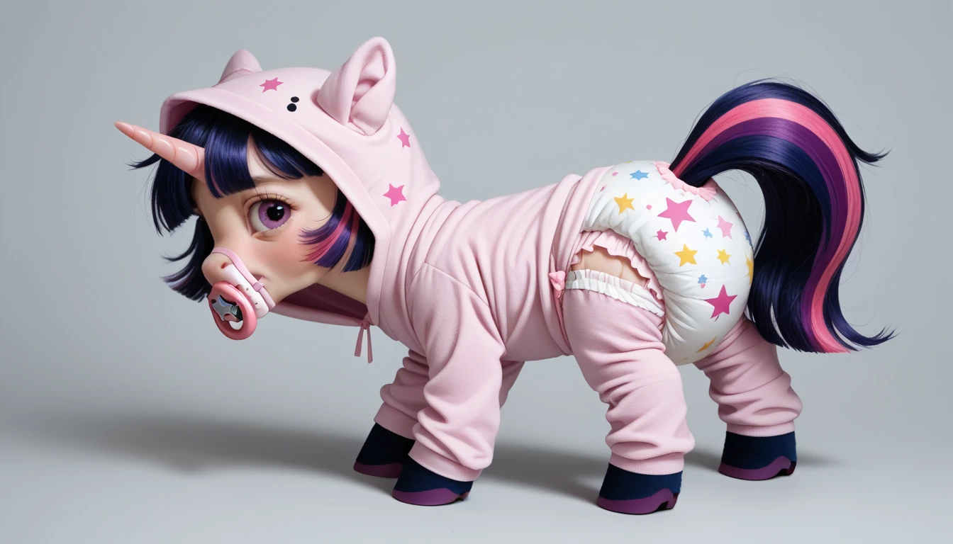 pony, purple unicorn, dark blue mane with purple streak and pink streak, the tail is dark blue with a purple strand and a pink strand, purple eyes, on the side close to the back hoof is a drawing of a pink star with six small stars around a central star, adult mare, stands on four hooves, rear hooves spread wide apart, wearing an adult-sized onesie and booties, baby adult size pacifier in mouth, solo, thick diaper under clothes, pink blush on cheeks, Embarrassment, Awkwardness.