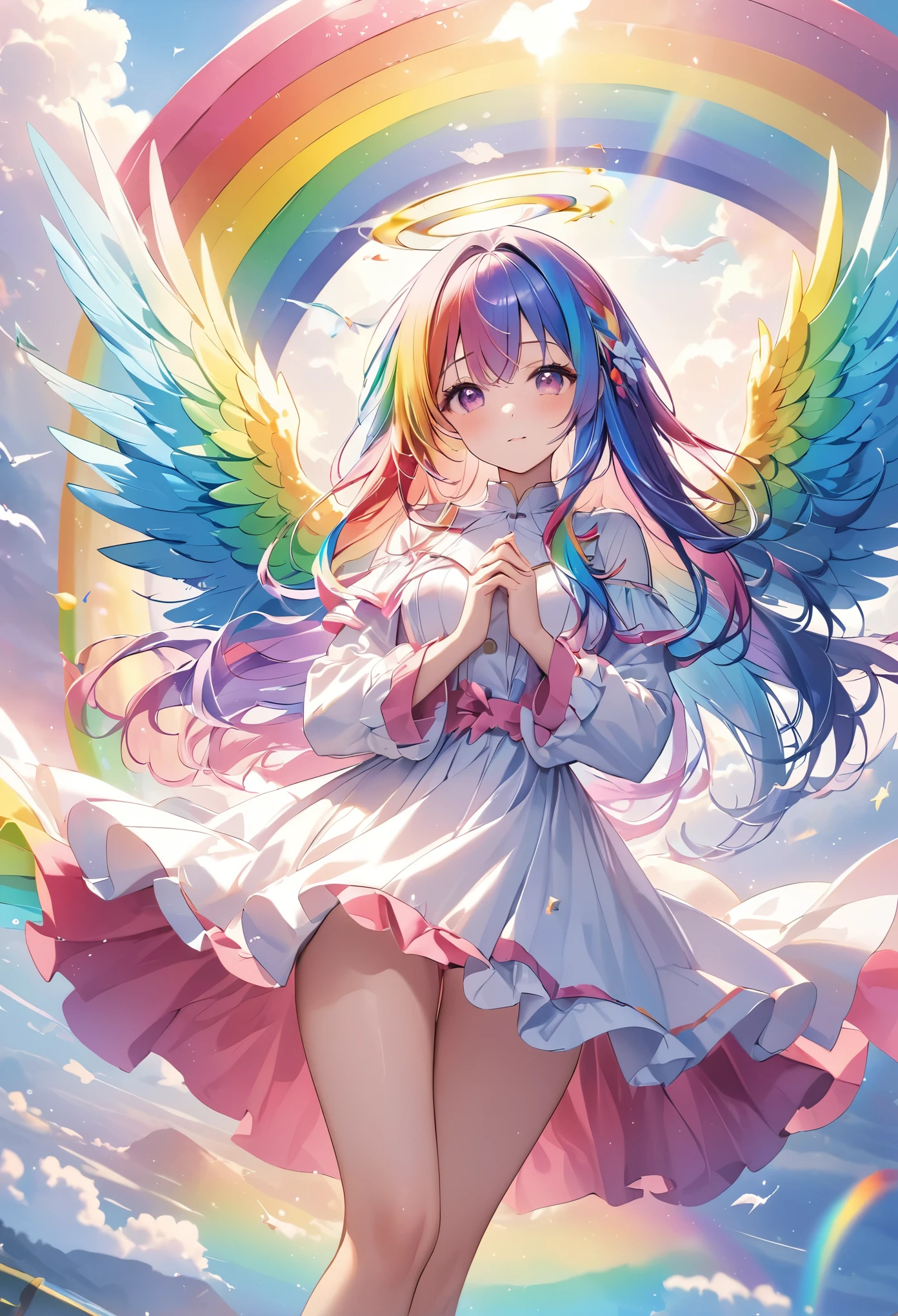 Pale colors, ((Astonishingly absurd)), Ultra high resolution, Attention to detail, High quality, High resolution, Top quality, 4k, 8K, Artwork, Fantastic work, own hands clasped、rainbow, rainbow hair, Long hair, Rainbow angel, Spread wings wide, ((Rainbow wings fluttering)), Beautiful angel, Cute angel