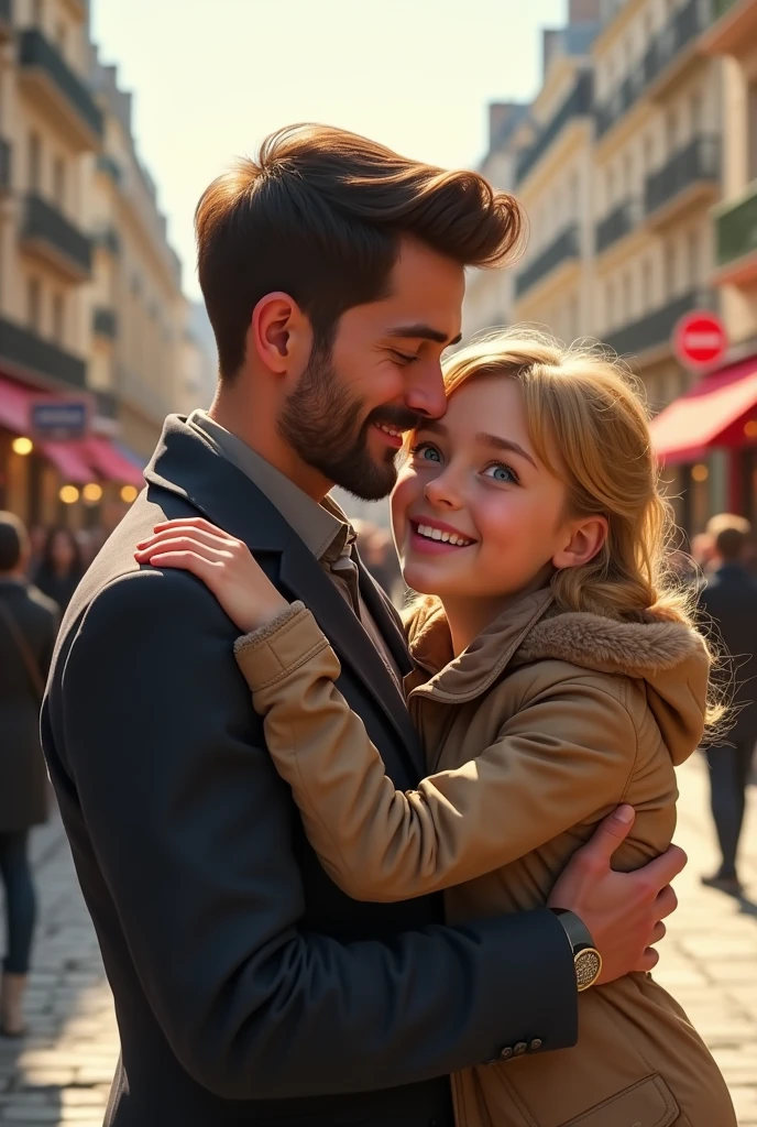 Blonde girl  blue eyes hugging her father dark brown hair and brown eyes on the streets of Paris 8k ultrarealistic photorealistic 