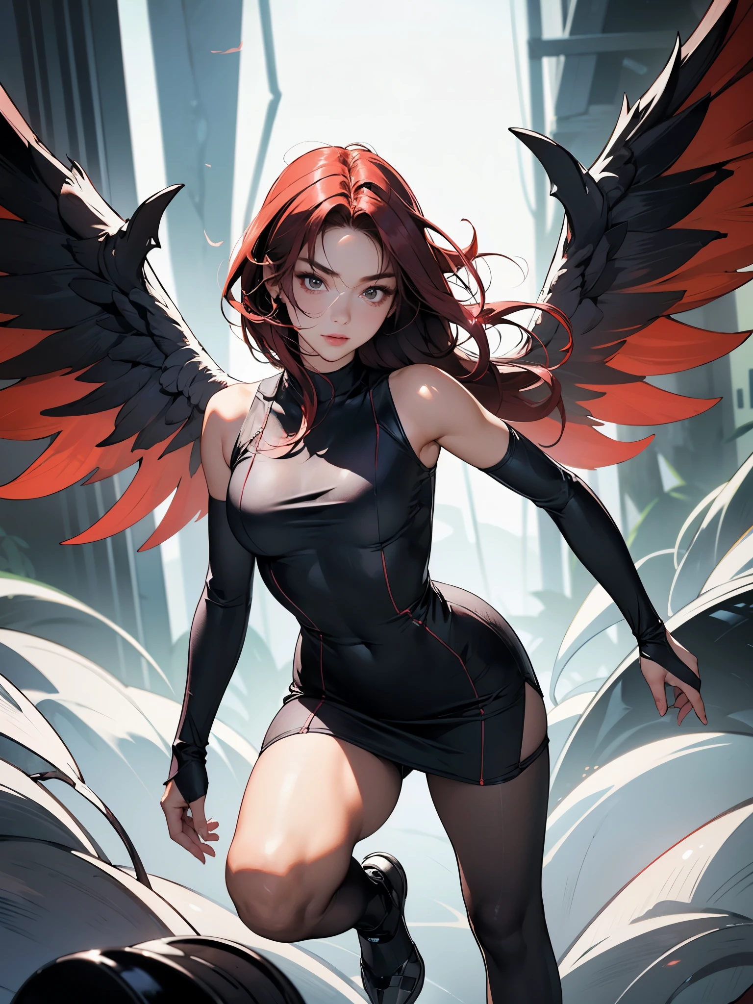 1girl, running pose, skin tight bodysuit, surrounded by electrical current, godly aura, detailed face, looking at viewer, glowing light, attractive, provocative, evil fallen angel, large red and black angelic wings, long flowing red hair, loose see-through short dress, smoke, fog, great battle,