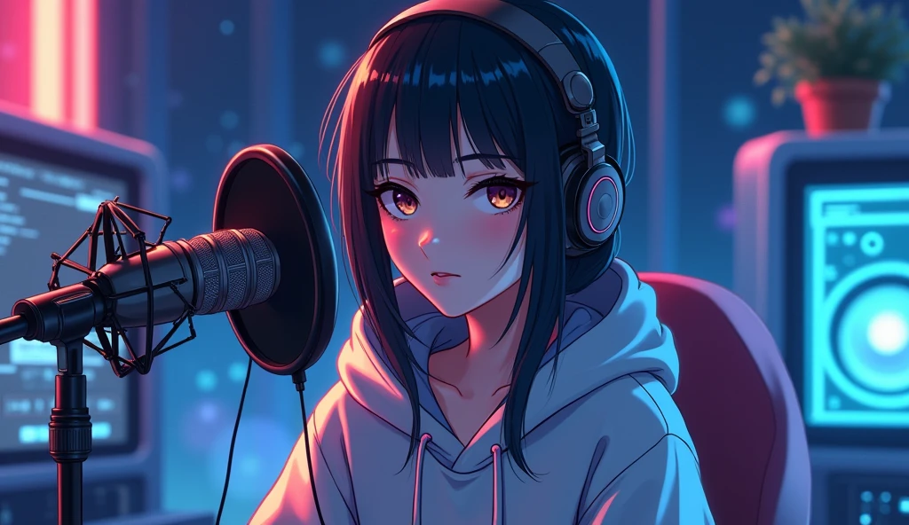 ((Masterpiece)), (((Best Quality)))), ((Illustration)),Create an anime-friendly looking female character with headphones who appears handsome and smart.with headphones , SHe has a good face and is wearing a hoodie. The character is sitting behind microphone in office, with microphone infront, with his arms on the desk. It is night, and the room a digital futuristic studio background. The female character is front-facing to the camera, looking straight and centered. This is a central portrait with an audio microphone on the desk near his mouth. The character's face should occupy about 1/3 of the image size. He is sitting straight, front view, and centered, looking straight ahead. The overall ambiance of the image should convey a connection to minimalism, with flat illustration, bold lines, simplification, and a gouache illustration style. The image should be in 8K resolution.