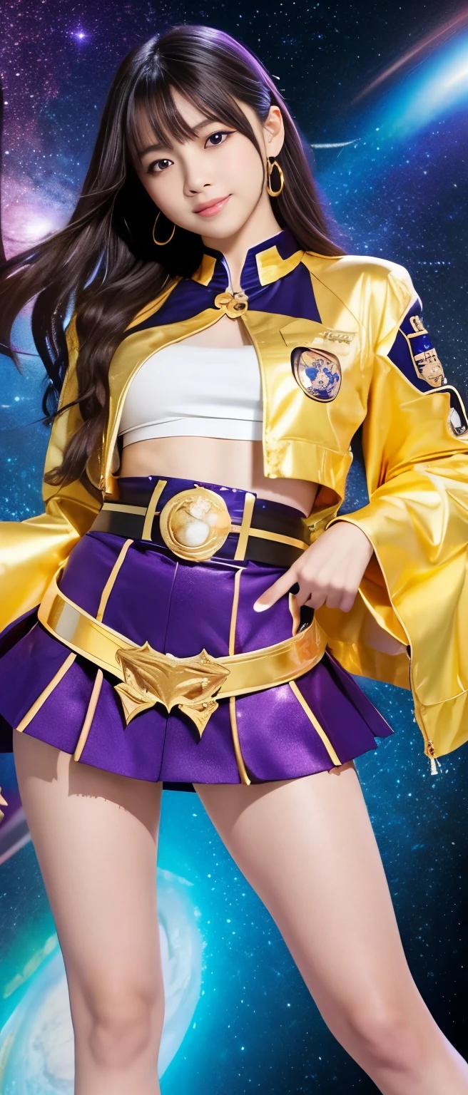 Gorgeous idol girl、whole body、Good style、、、、、、、、、、Thick legs、、、Shiny purple and gold Galaxy uniform、、Cool girl face、、、、Circle Belt、