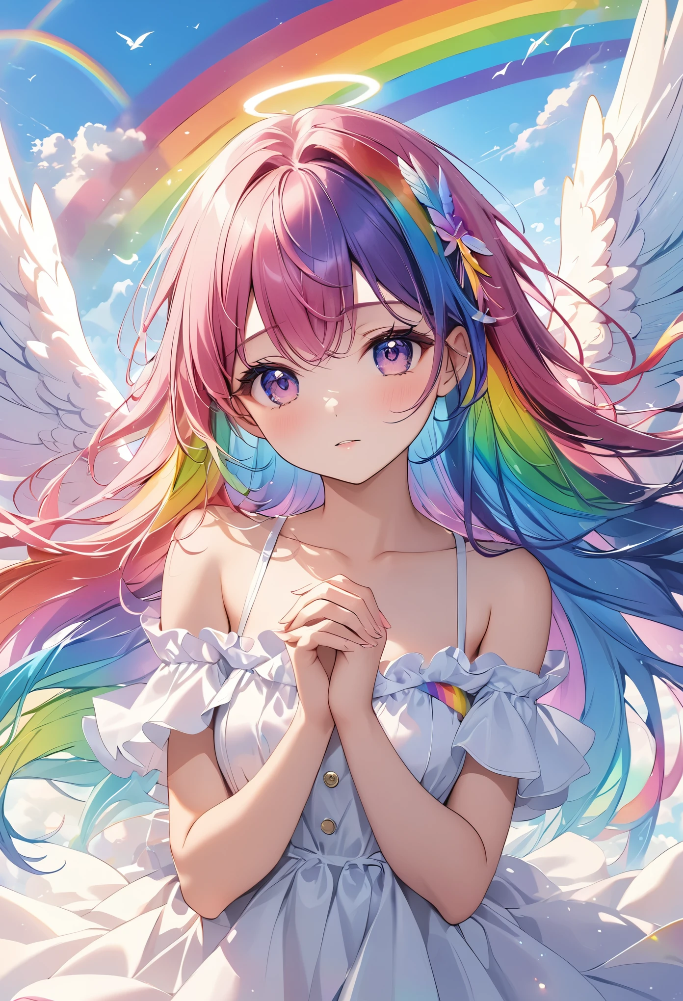 Pale colors, ((Astonishingly absurd)), Ultra high resolution, Attention to detail, High quality, High resolution, Top quality, 4k, 8K, Artwork, Fantastic work, own hands clasped、rainbow, rainbow hair, Long hair, Rainbow angel, Spread wings wide, ((Rainbow wings fluttering)), Beautiful angel, Cute angel