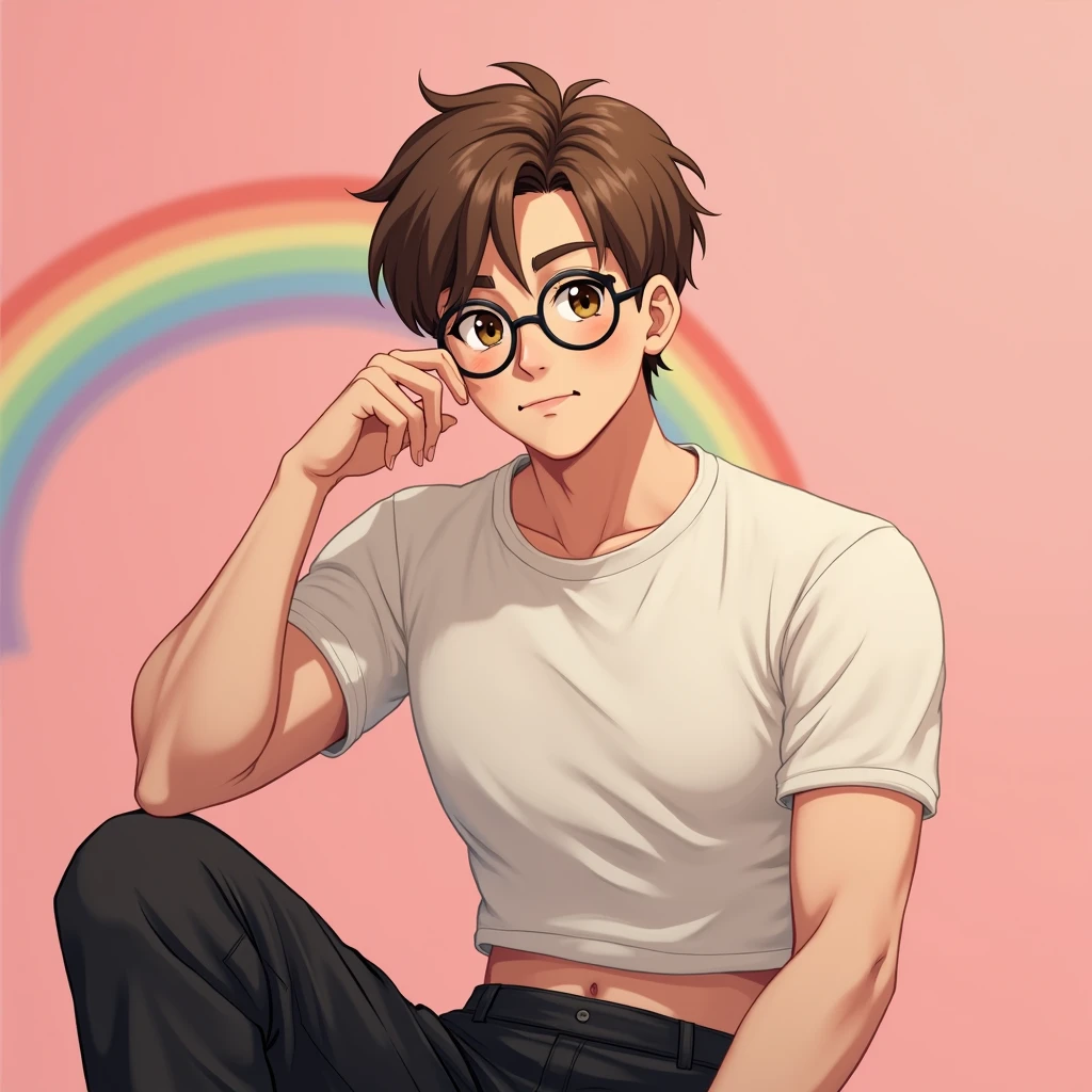 1boy avec les cheveux brun clair avec des yeux brun foncé et des lunettes rondes noir avec un crop top avec des manches courtes en laine blanc et un cargo noir et il est fort rapproché de la caméra on voit sa tête en grand plan trés t’as rapproché de la caméra et un visage calme avec un sourire cute et il tient son visage avec une main il est assis
Fond rose et un grand arc-en-ciel dernier lui
Style anime