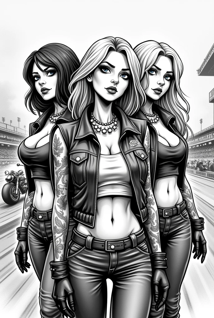 (Black and white doodle style cartoon) Women, Holy Death, MOTORCLUB, leather vest, moto custom, race track, tattooed, brotherhood, Motorcyclists