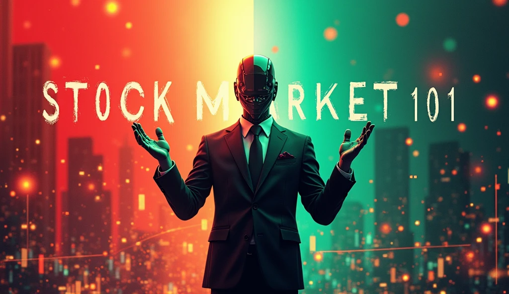 Create an image with the following details:
Background:
Right side: Red color.
Left side: Green color.
Stock market graph elements integrated into the background.
Main Figure:
A person in the middle with both hands extended forward.
Replace the person's face with a robot head.
The person should be wearing a black suit.Text:
Large size: "Stock Market 101" at the top of the image.
Smaller size: "Key Basics You Should Know" placed below the main text, in the center of the thumbnail.