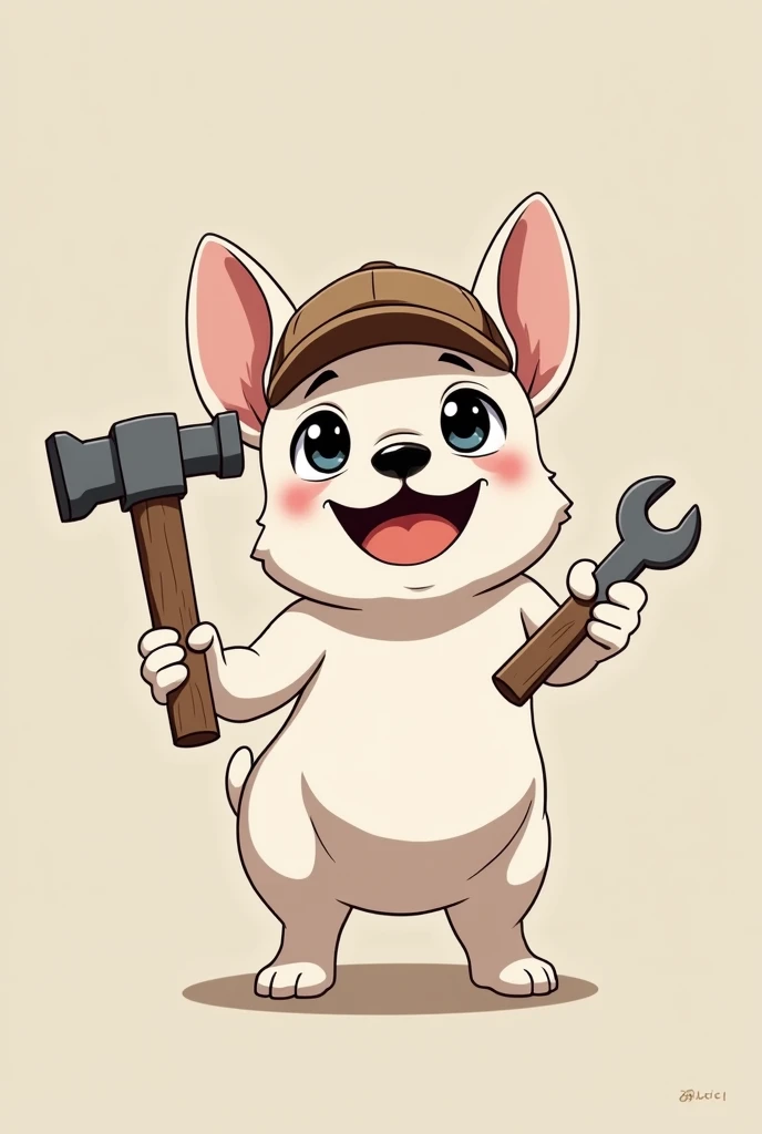 dog、White French Bulldog、Standing on two legs、Wearing a hat、holding a hammer in one hand、Standing posture、人間のようなStanding posture、Has a wrench in the shape、Anime Style、Staring at me、Looking at the camera、smile、The bottom is sticking out、cutesmile、cute