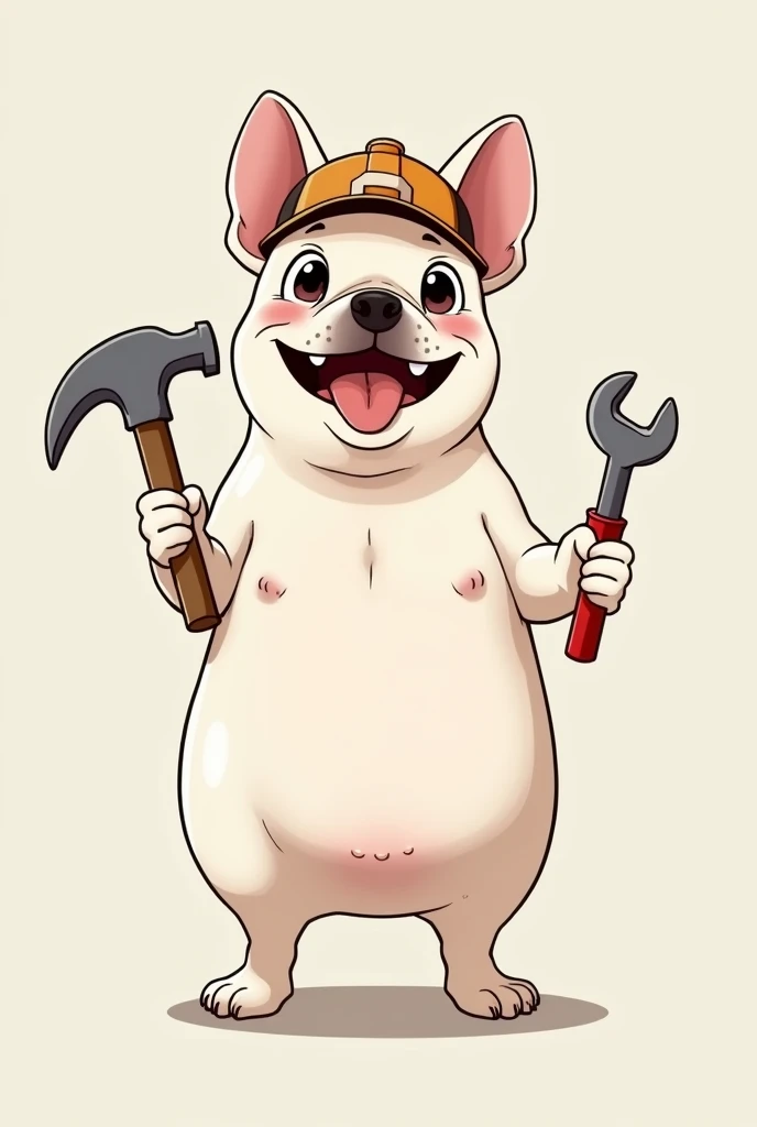 dog、White French Bulldog、Standing on two legs、Wearing a hat、holding a hammer in one hand、Standing posture、人間のようなStanding posture、Has a wrench in the shape、Anime Style、Staring at me、Looking at the camera、smile、The bottom is sticking out、cutesmile、cute