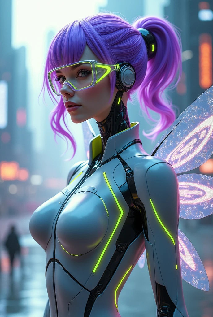 purple hair robot girl with gray and neon green suit and a fairy wings