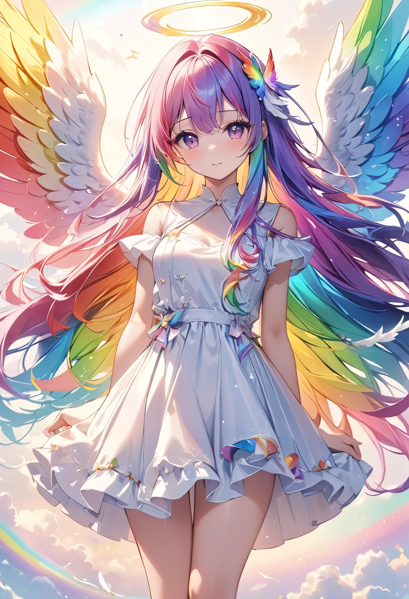 Pale colors, ((Astonishingly absurd)), Ultra high resolution, Attention to detail, High quality, High resolution, Top quality, 4k, 8K, Artwork, Fantastic work,arm behind back、rainbow, rainbow hair, Long hair, Rainbow angel, Spread wings wide, ((Rainbow wings fluttering)), Beautiful angel, Cute angel