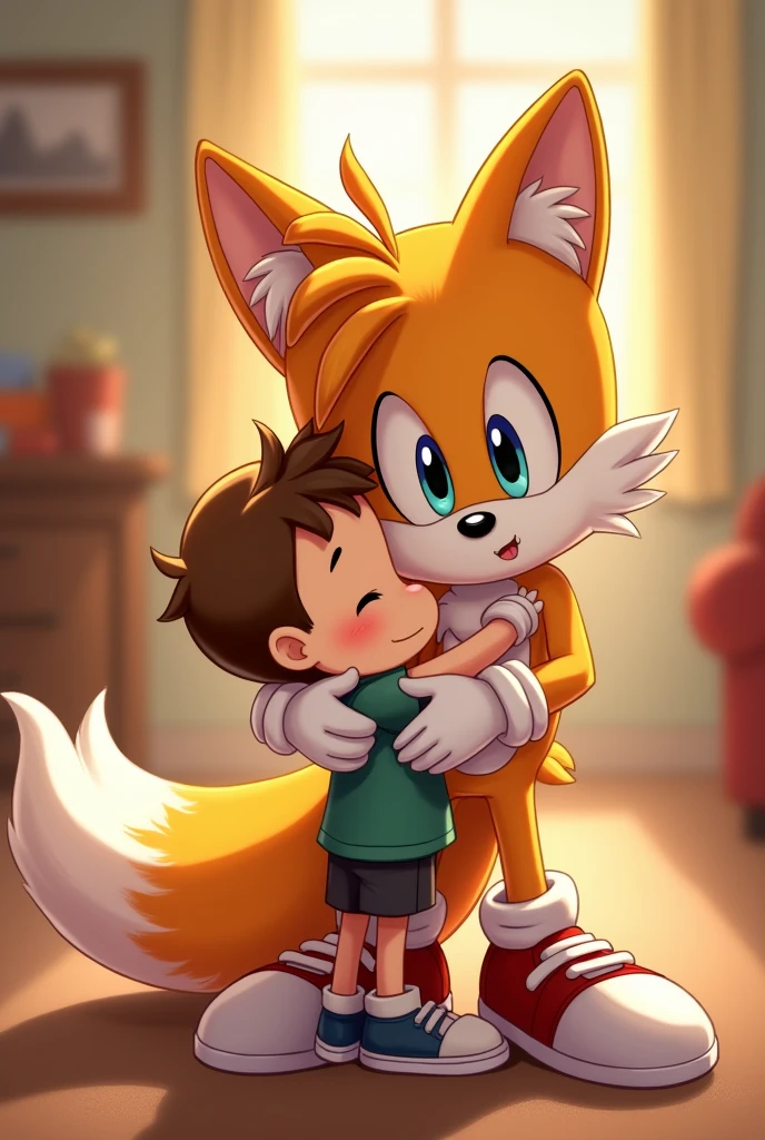 Tails hugging young boy with his shoes and gloves on cute