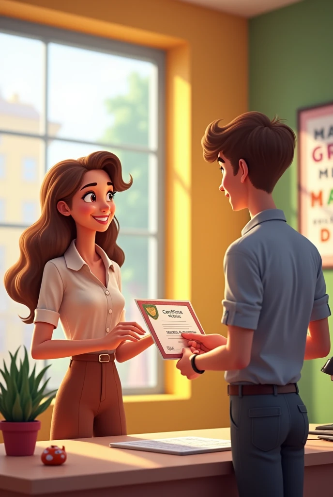 girl with light brown hair issuing a digital certificate on a notebook with a male client on a disney pixar style office background