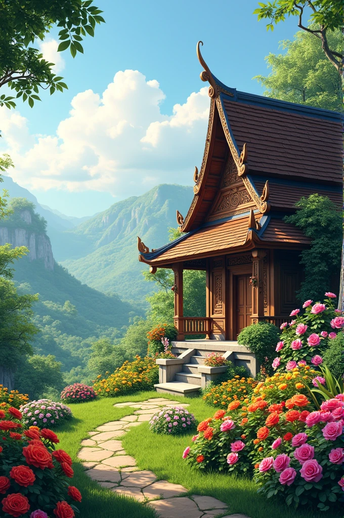 The flower garden is on the right side of the picture. On the left side is a Thai-style hut.