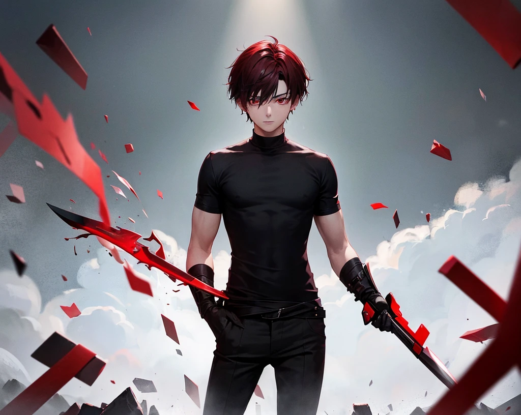 A boy with red eyes, short dark red hair, a black T-shirt, a red coat, tall, standing in front of the school holding a knife.