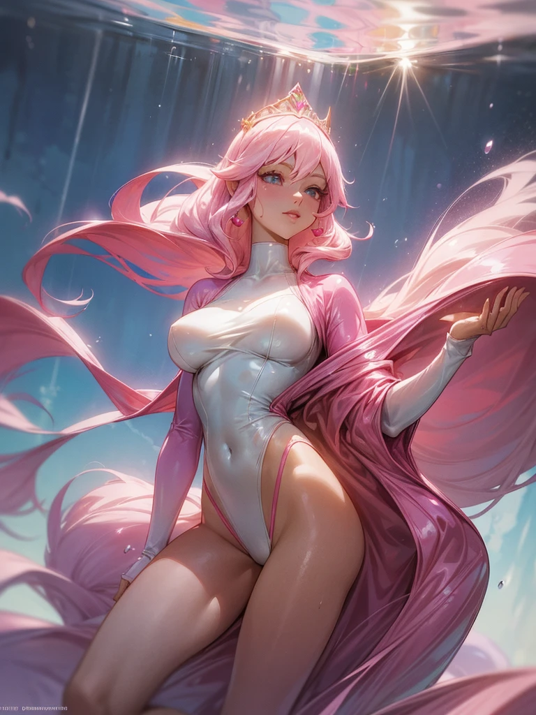 Create a realistic image of Princess Bubblegum from Adventure Time as an adult, shown in a full-body view. She has her signature long pink hair, pink skin, and wears her usual crown. Her physique is curvy and strong, with noticeable hips and thighs. She is wearing a stylish, form-fitting swimsuit that has a slightly transparent and reflective texture, as if wet. The swimsuit is designed to be fashionable and elegant, reflecting light in a way that highlights its glossy, wet surface. The overall tone of the image should maintain the playful and vibrant essence of the character while rendering her in a more realistic and detailed style. Ensure her facial features and overall appearance are clearly recognizable as Princess Bubblegum
