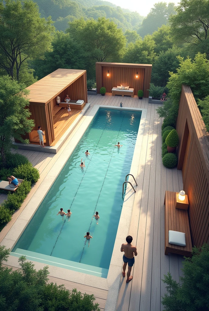 A plan where there is a pool and outdoor showers, a changing room and a sauna