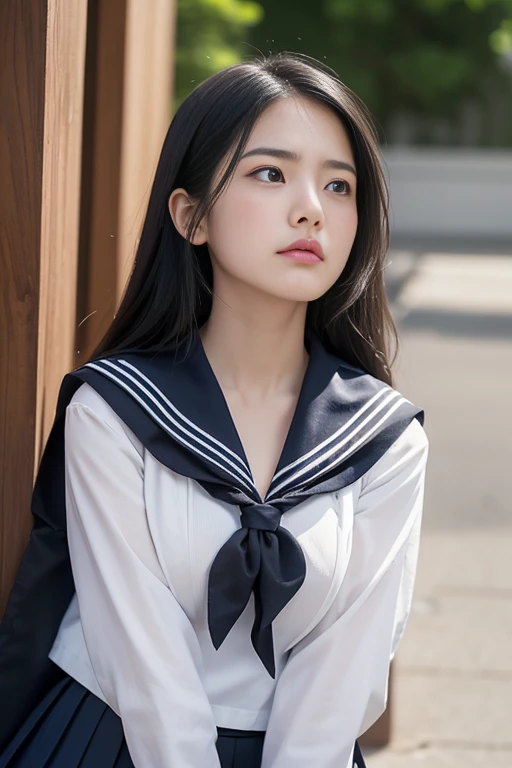 ((Melancholic expression))、((Sad face))、((Angry face))、((Crying face))、(長いBlack Hair)、((((Looking up at the viewer))))、((Highest quality、8k、masterpiece))、Sharp focus:1.2、、((Cleavageが見える))、((Big Breasts))、(Cleavage)、masterpiece、Highest quality、Woman 1、Very detailed、The view looking up from directly below　Black Hair　Face seen from below　((Japanese schoolgirl))、((Summer sailor uniform))、Pleated skirt、((Big Breasts))、(Cleavage))、Under the chest、Chest seen from below　Let me me&#39;Let me&#39;Let&#39;s take a look under the sailor suit,((A slightly higher angle))、((from the front))