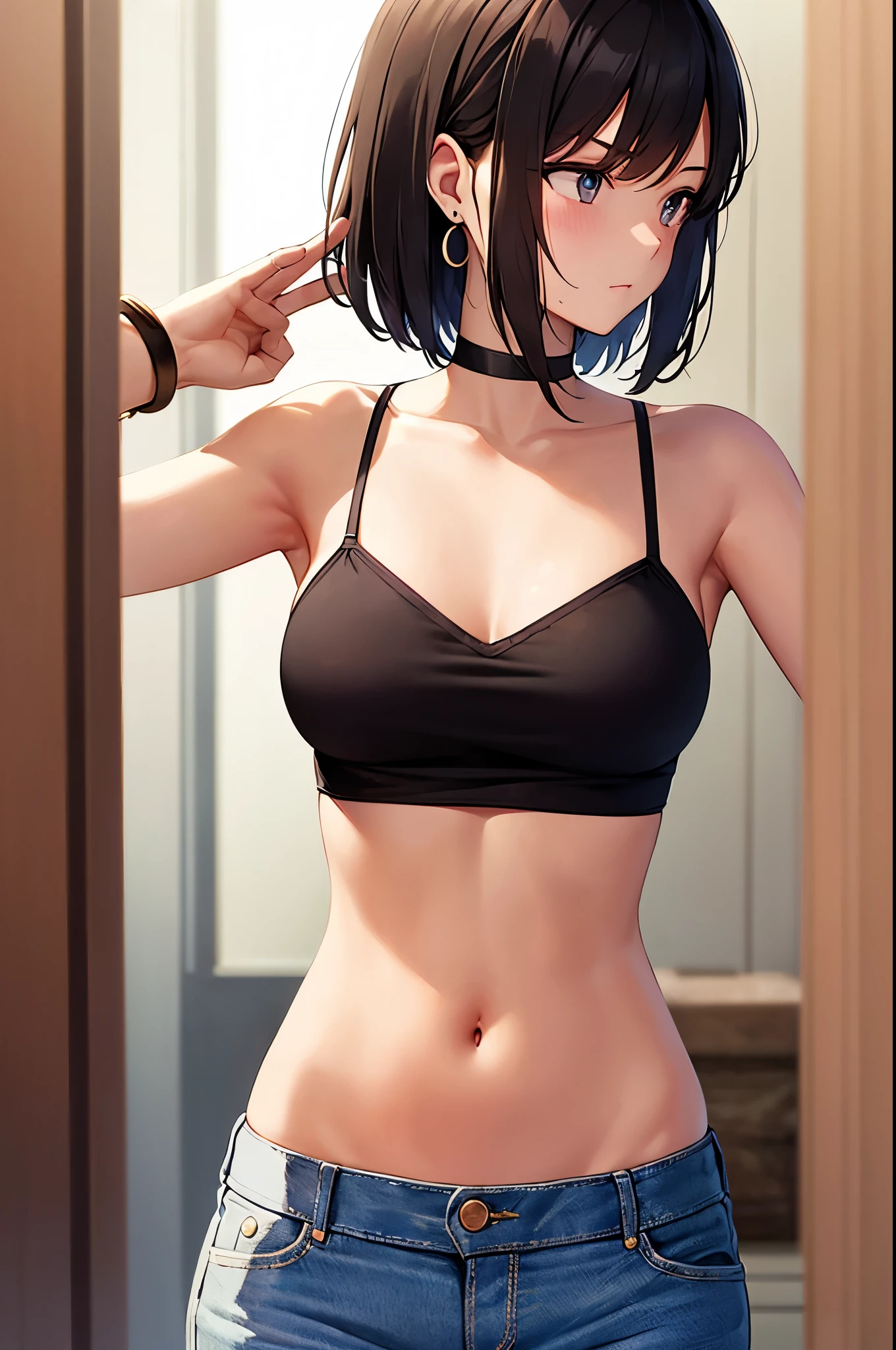Outside breasts (cute: 0.6), ponytail, defined abdomen, tomboy, short hair, tanline, athletic body, black hair, pale skin, open legs, ((masterpiece)), (best quality)