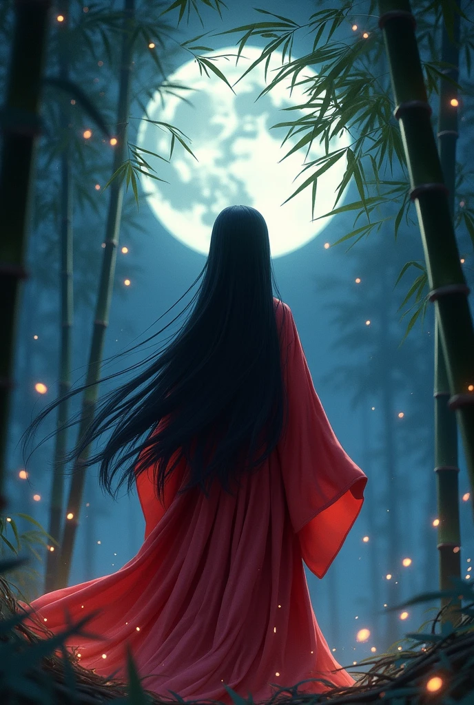 Princess Kaguya, (heian red:1.1) kimono,kimono, Wide sleeves, red (karaginumo:1.1), layered kimono, One person, alone, Black Hair (Hime cut:1.2) Very long hair spread out, (Are standing, From behind), beautifully, beautiful, Wide Shot, Cinema Lighting, Ultra Wide Angle, moonlight, Starry Sky, bamboo forest,