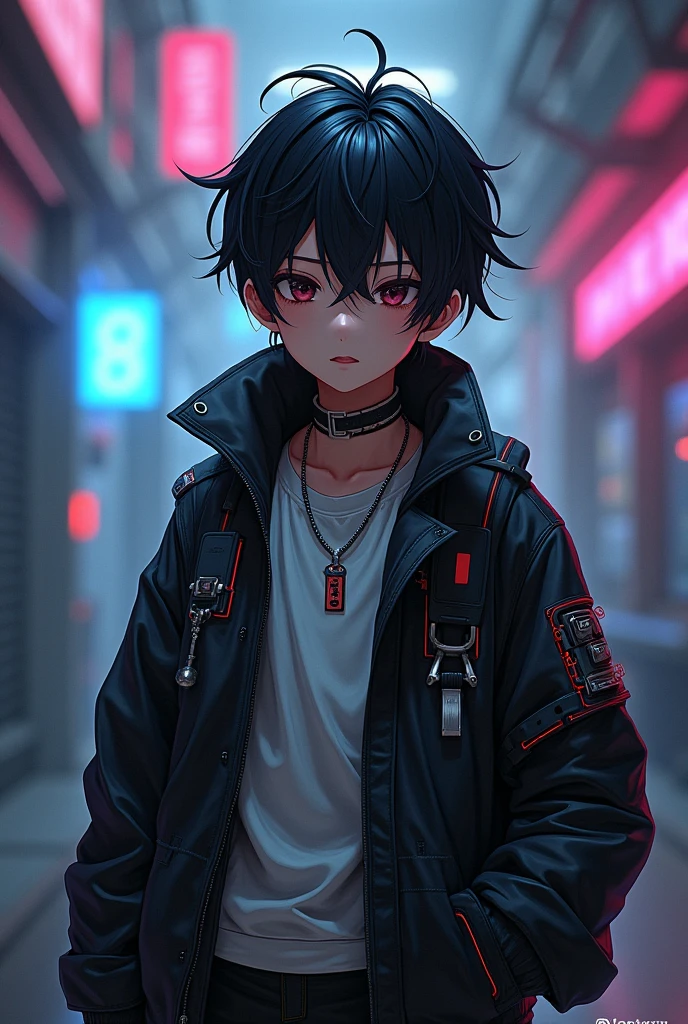 Anime boy, cyberpunk, in room, from head to waist , boy, logo, black hair, as a logo need space at top
