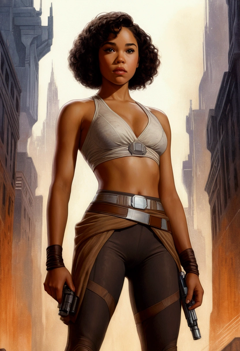 An illustrated movie poster, hand-drawn, full color, a teenage Jedi, 18-years-old, female, wearing a crop top and leggings, athletic hourglass figure, busty bosoms, full wide hips, massive round butt, long shapely legs, ridiculously thick powerful thighs, hazel eyes, dark hair, kinky curly bob cut, warm brown complexion, resembles Alexandra Shipp, standing above Coruscant, graphite shading, stencil marks, airbrushed acrylic paint, masterpiece, in the style of Drew Struzan