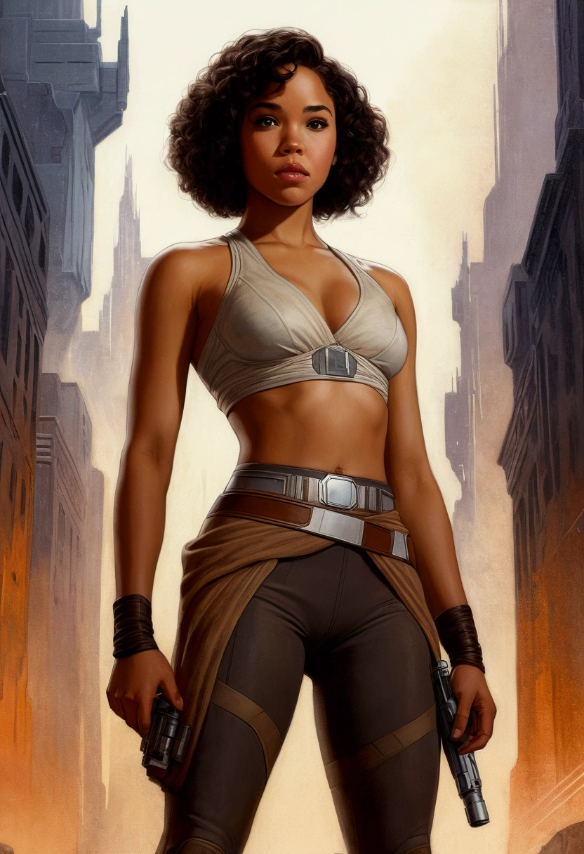 An illustrated movie poster, hand-drawn, full color, a teenage Jedi, 18-years-old, female, wearing a bralette and leggings, athletic hourglass figure, busty bosoms, full wide hips, massive round butt, long shapely legs, ridiculously thick powerful thighs, hazel eyes, dark hair, kinky curly bob cut, warm brown complexion, resembles Alexandra Shipp, standing above Coruscant, graphite shading, stencil marks, airbrushed acrylic paint, masterpiece, in the style of Drew Struzan 