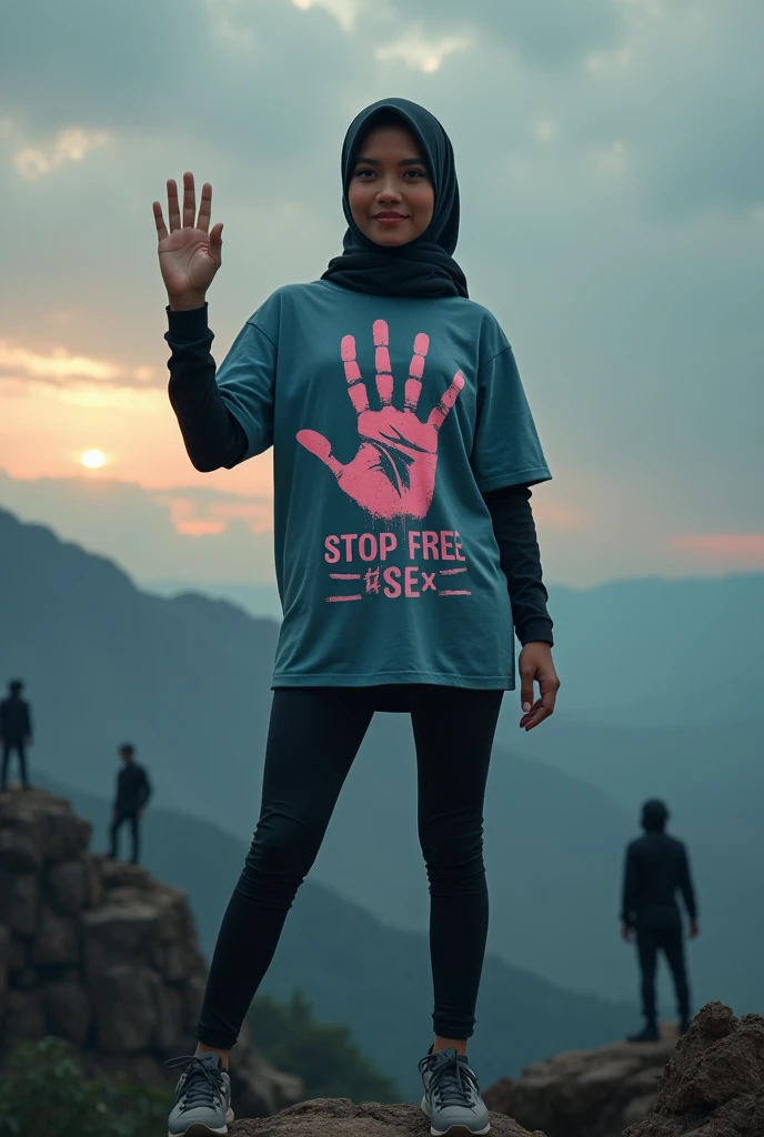 A hijaber indonesian pretty woman, wearing a tshirt long leging with a strong vector design featuring a silhouetted image of a five-fingered palm in pastel colour with love and light. The phrase "STOP FREE SEX" is displayed in bold simple elegand, distressed typography with pastel colours, while holding her skirt with legings, wave a hand at the camera, in a top of mountains, surrounded by many dark monster, jav idol, with front shooting angle, very realistic, (complex detail: 0.9), (hdr, hyperdetail: 1.2), RAW, Sony Alpha a9 II, 24-105mm f/4, HDR,