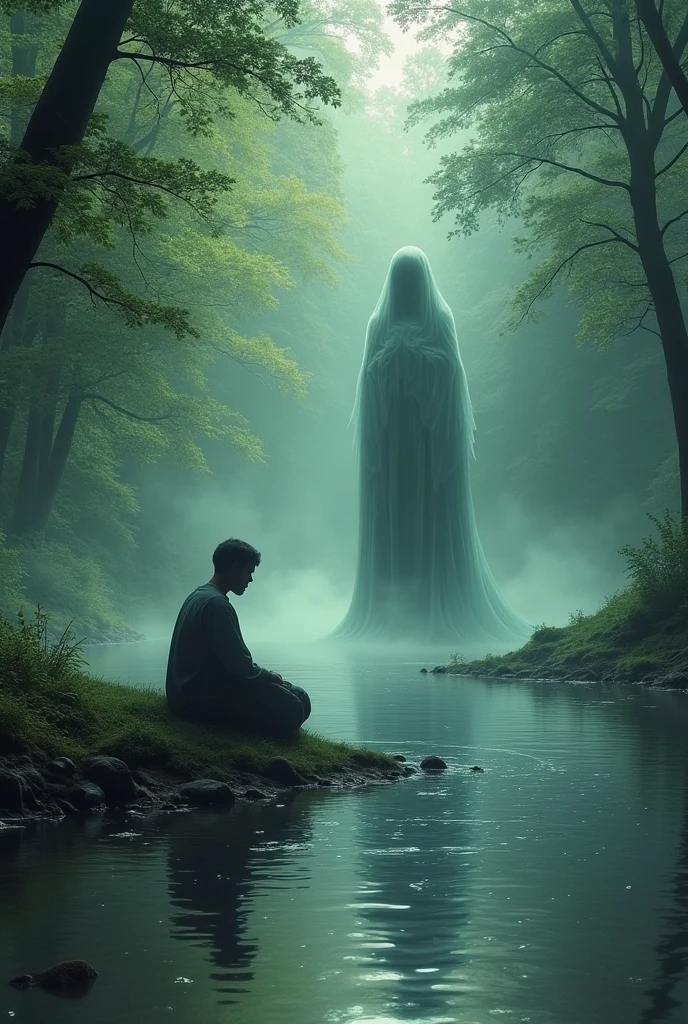 I am alone but happy. I am sitting on the bank of a river that flows through the forest. A ghost is standing behind me. That ghost looks like me, the night