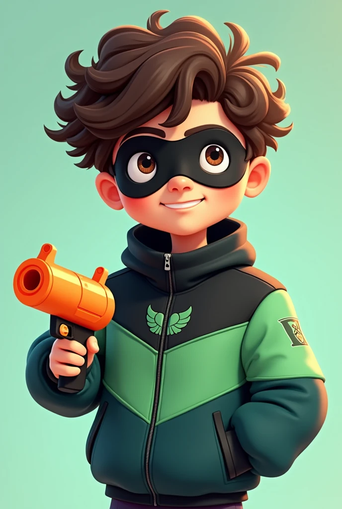 A male cartoon character with curly hair brown eyes a black mask a dark green pastel green navy blue and black jacket with a minimalist green eagle And a water gun 