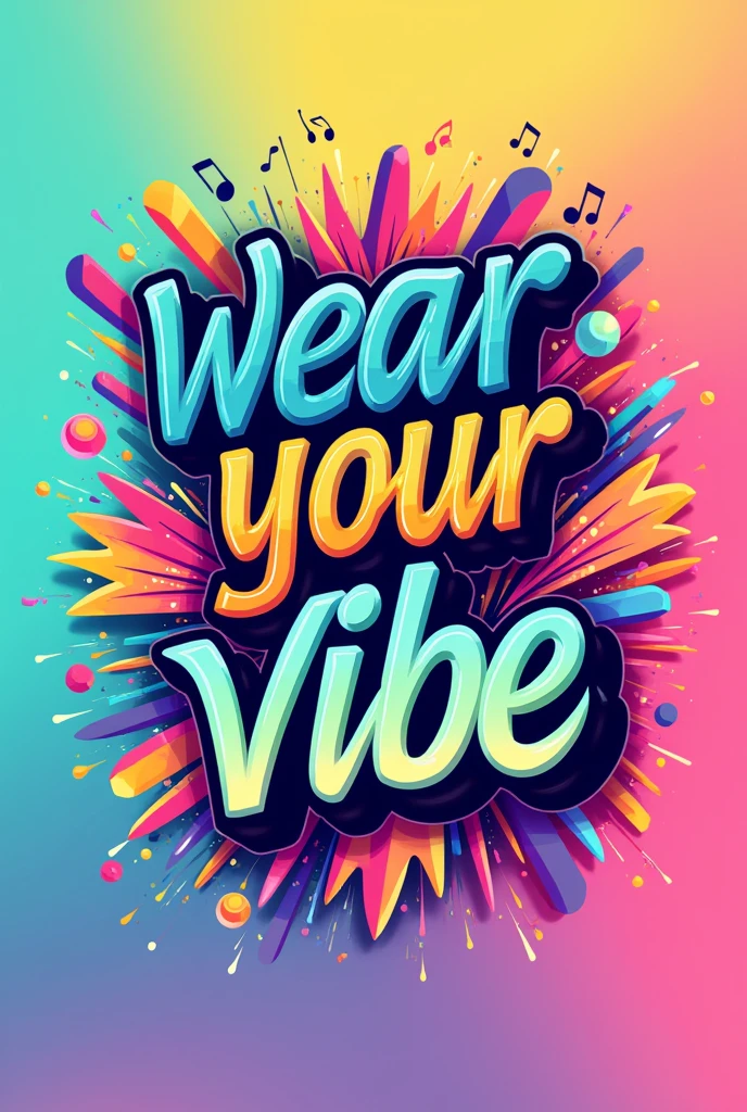 Design a vibrant and energetic vector-style artwork for a T-shirt with the theme "Wear Your Vibe." The design should capture a sense of individuality and positive energy. Incorporate abstract, fluid shapes and elements like music notes, splashes of color, or geometric patterns that radiate from a central point, symbolizing the spread of one's personal vibe. The text "Wear Your Vibe" should be creatively integrated into the design, using a modern, bold font with a playful twist. Consider using a gradient color palette that includes bright, uplifting tones such as teal, pink, yellow, and purple, reflecting a lively and expressive mood. The overall look should be dynamic and visually appealing, with smooth lines and clear shapes that make it perfect for screen printing on T-shirts.