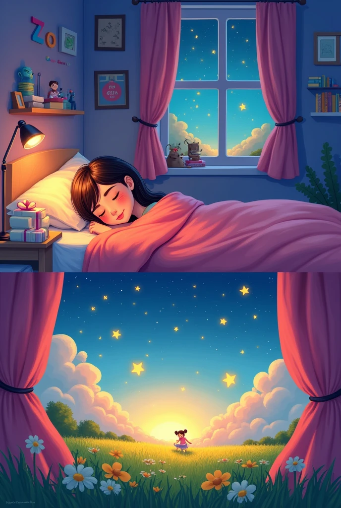 Create a children's book cover for a story titled 'Stay Wild, My Child.' The central focus should be on a young girl named Joy, peacefully sleeping in her cozy bedroom. The room has purple-colored walls, filled with her belongings, including toys and books. Above her bed, the name 'Zoe is written in playful, colorful letters on the wall. The bed is comfortable with soft blankets, and nearby, there is a window with pink curtains. Outside the window, the night sky is dark with twinkling stars, showing that it is nighttime. The top half of the cover should focus on Zoe sleeping, while the bottom half should depict her dream: a bright, sunny scene where Joy is playing in a wide, grassy field with her loving mother. The dream world should feel magical, with vibrant colors and whimsical details. The title 'Stay Wild, My Child' should be placed prominently on the cover, in playful, bold letters that appeal to young readers."
