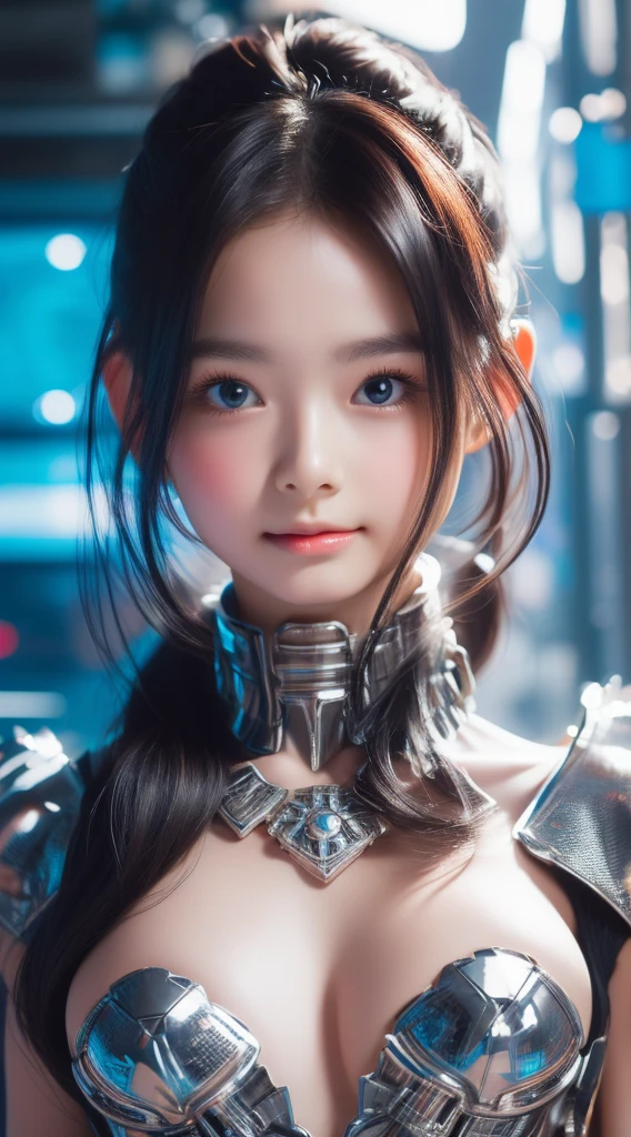 A close-up head and chest portrait of a pretty and cute woman, her chest adorned with pneumatic tubes that give her a unique and futuristic appearance. The highly detailed digital rendering captures every aspect of her beauty, from her delicate features to the intricate tubes.