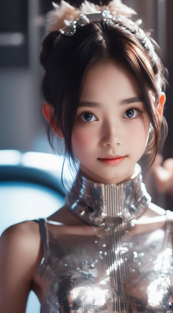 A close-up head and chest portrait of a pretty and cute woman, her chest adorned with pneumatic tubes that give her a unique and futuristic appearance. The highly detailed digital rendering captures every aspect of her beauty, from her delicate features to the intricate tubes.