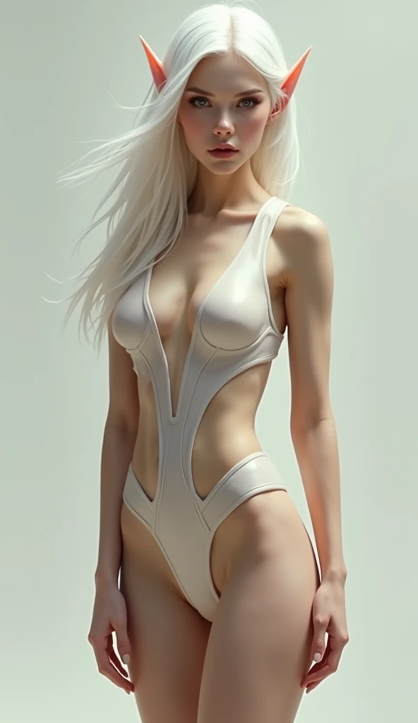 Elf woman, white hair, slim waist, very detailed full body, very realistic. Nude