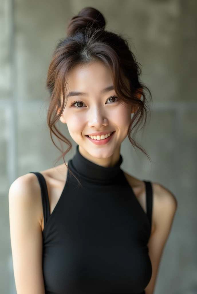 Classy woman、Pretty Japanese woman、Soft hair、Black Sleeveless、Landscape、I can see your forehead、Background is simple concrete、Brown Hair、smile、looking at the camera、Lighten the ends of your hair、Shortcuts、Outline of an inverted triangle、Big Eyes、Thready hair、Rounded silhouette、