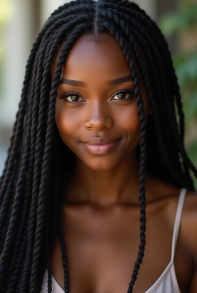Pictures of a young black girl with chocolate complexionaround 20 years old with black box braids , waist length. She is very pretty. Variety of pictures to be used in a dating app. Give me variety and make it as realistic as possible
