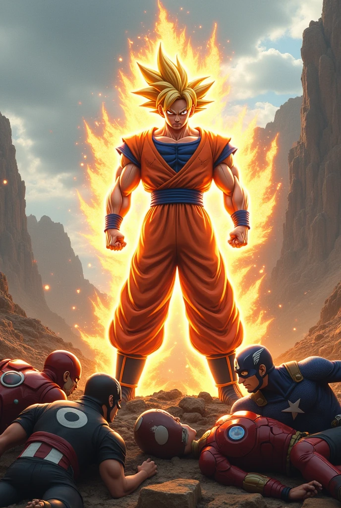 hình ảnh thực tế, Goku Ultra Instinct fights the Avengers, Goku chiến thắng, (thor) (the hulk) (iron man) (captain america) all lie at Goku&#39;s feet.