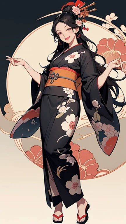 A beautiful woman smiles and shows her upper white teeth、Vividly colored Japanese Ukiyo-e style illustrations、(SeaArt creates stunning illustrations of beautiful women in kimono)、Brown-black long hair、Beautiful full body style、Let's dance a little Tokyo Ondo Yoiyoi、Beautiful digital painting,、Bright vibrant digital anime art、 Detailed digital anime art、 Beautiful anime portraits、background、Torii gate of a shrine in Kyoto, Japan、Detailed CG、