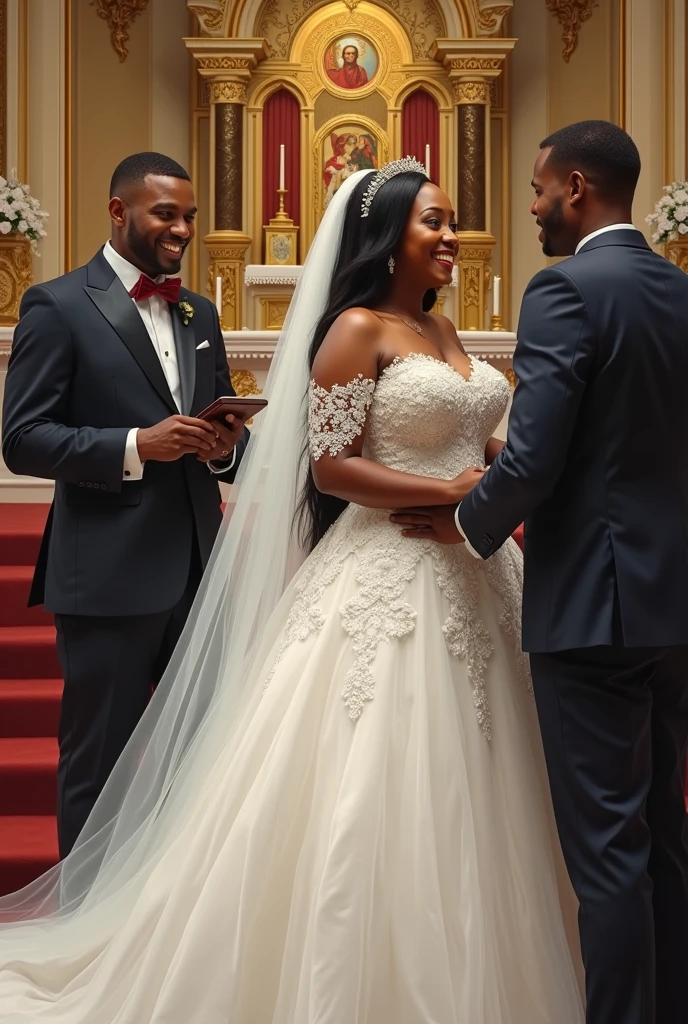 ( realistic paint) A beautiful  African woman, fair in complexion with a long straight 
hair on a big white wedding gown standing by the in front of an altar with her husband who is wearing a suit. Both smiling as they look at the reverend father 